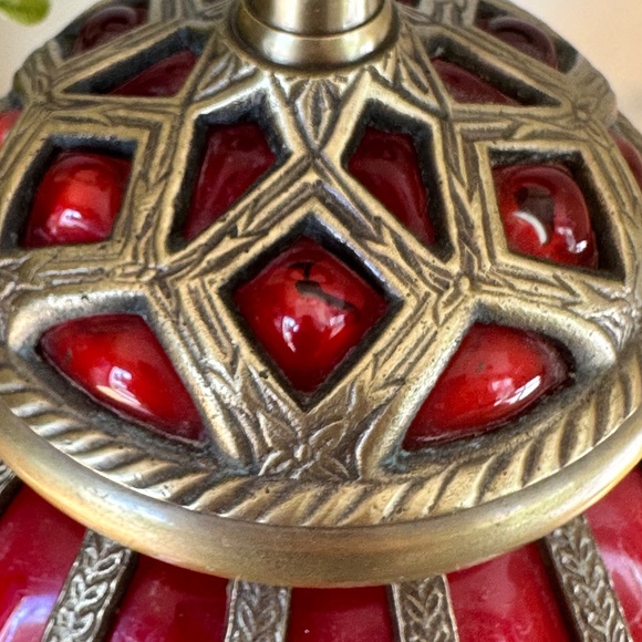 Vintage Lacquered Brass and Red Blown Glass Compote Jar with Ornate Lid - Picture 3 of 5